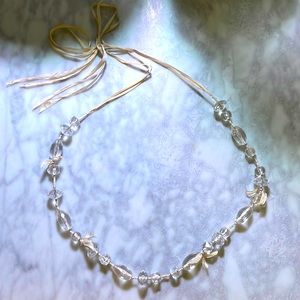 J. Crew necklace with glass beads, light pink/peach ribbon tie and small bows